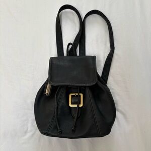 Black Faux Leather Backpack Satchel with Gold Accents and Drawstring Closure 90s